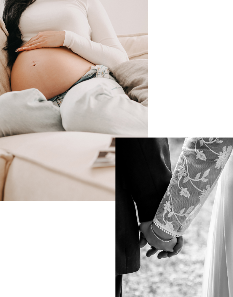 Bildcollage mit einem Bild von einem Babybauch und ein Brautpaar, dass Händchen hält